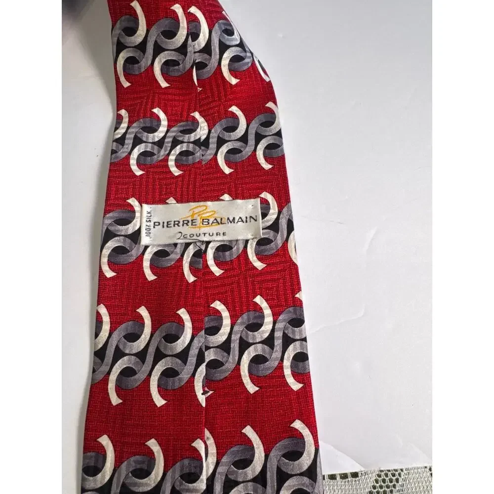 Vintage Pierre Balmain Couture Burgundy Gray Silk Geometric Necktie 60” Ties